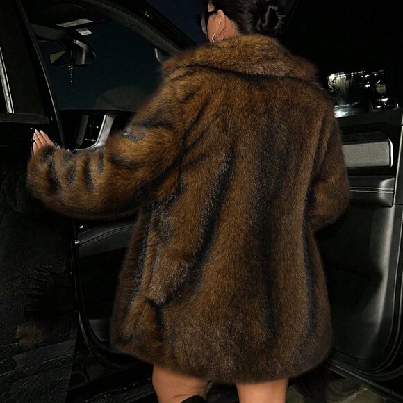 Luxury Lapel Neck Long Sleeve Open Front Fuzzy Coat - Coffee Brown - Picture 3 of 5